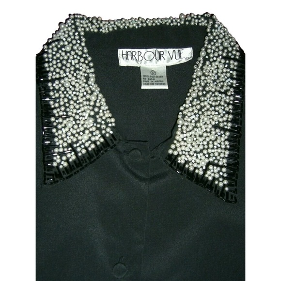 Vintage 80's Black Blouse Mob Wife egirl ALT Business Goth Pearl Collar Classic - Picture 10 of 11
